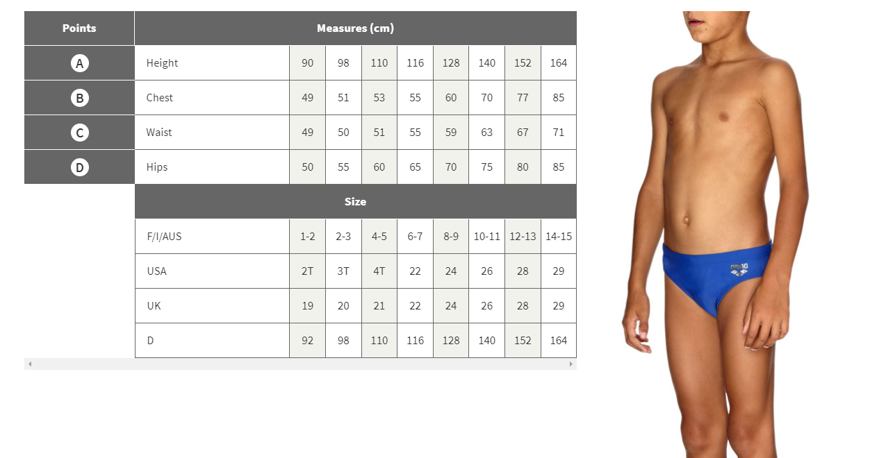 Arena Size Chart Swimwear